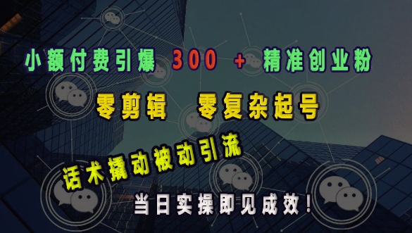 小额付费引爆 300 + 精准创业粉，零剪辑、零复杂起号，话术撬动被动引流，当日实操即见成效-创途项目网