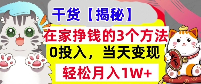 在家挣钱的3个方法，0投入，当天变现，轻松月入过W-创途项目网